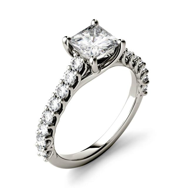 1.38 CTW DEW Square Forever One Moissanite Solitaire with Side Accents Engagement Ring in 14K White Gold