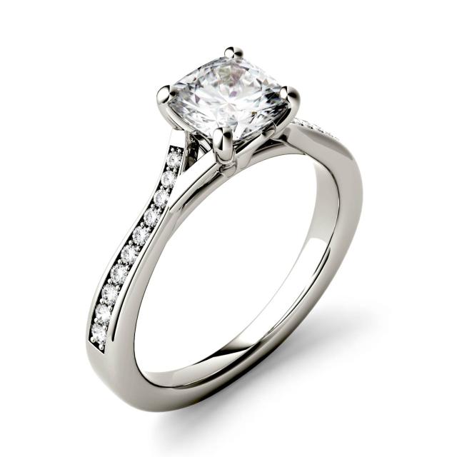 1.23 CTW DEW Cushion Forever One Moissanite Solitaire with Side Accents Engagement Ring in 14K White Gold