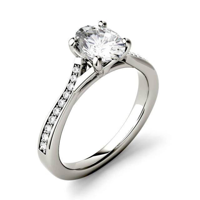 1.03 CTW DEW Oval Forever One Moissanite Solitaire with Side Accents Engagement Ring in 14K White Gold