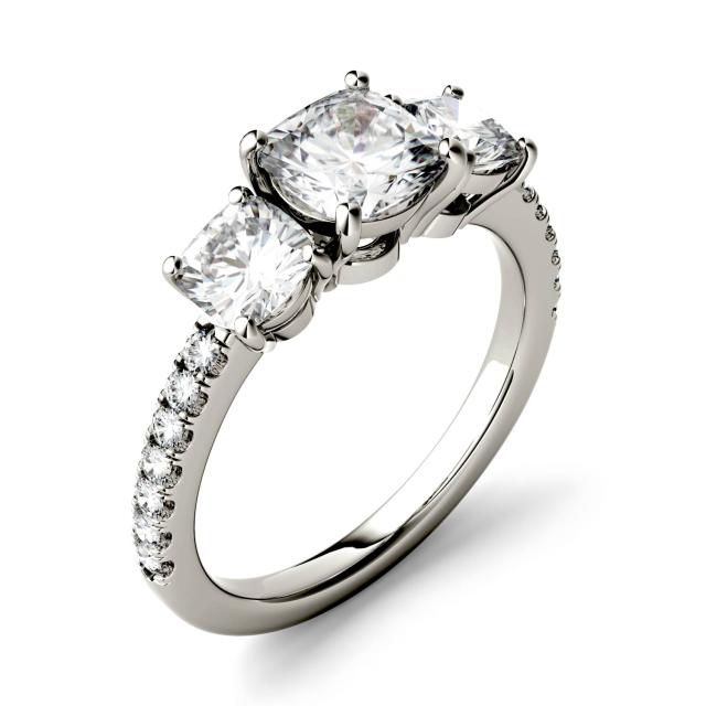 2.24 CTW DEW Cushion Forever One Moissanite Three Stone with Side Accents Ring in 14K White Gold