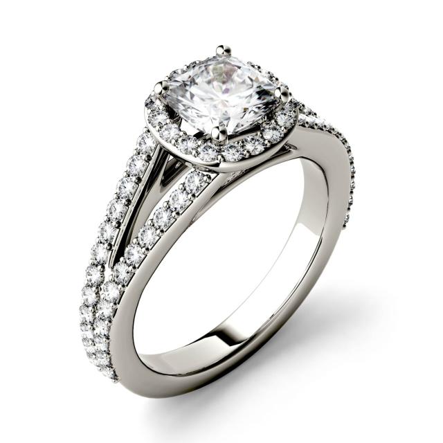 1.75 CTW DEW Cushion Forever One Moissanite Split Shank Halo with Side Accents Engagement Ring in 14K White Gold