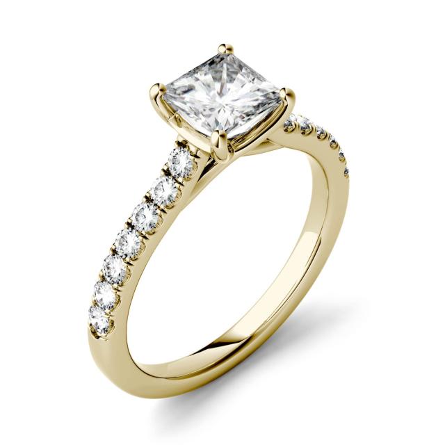 1.18 CTW DEW Square Forever One Moissanite Solitaire with Side Accents Engagement Ring in 14K Yellow Gold
