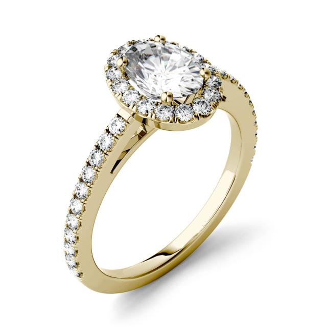 1.28 CTW DEW Oval Forever One Moissanite Halo with Side Accents Engagement Ring in 14K Yellow Gold