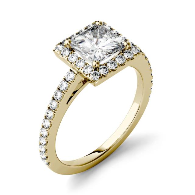 1.32 CTW DEW Square Forever One Moissanite Halo with Side Accents Ring in 14K Yellow Gold