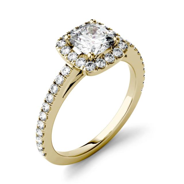 1.48 CTW DEW Cushion Forever One Moissanite Halo with Side Accents Engagement Ring in 14K Yellow Gold