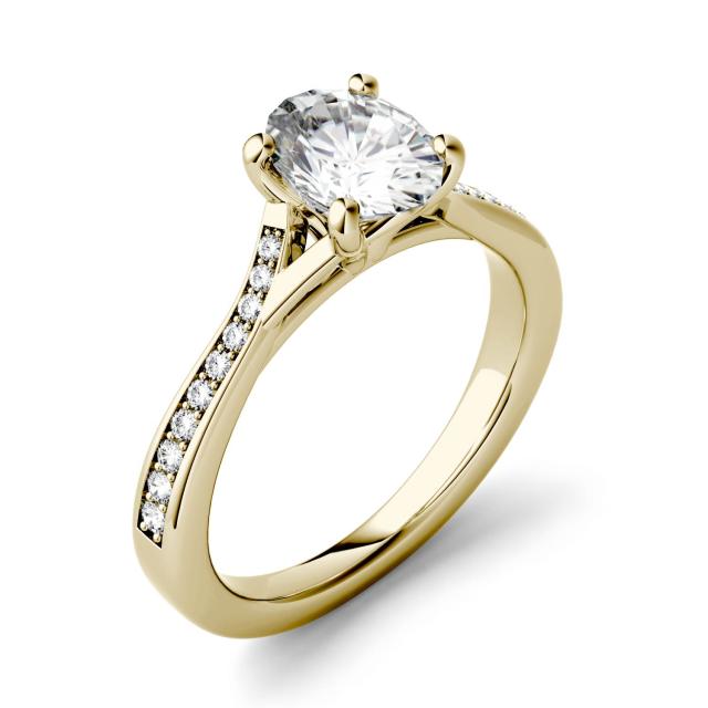 1.03 CTW DEW Oval Forever One Moissanite Solitaire with Side Accents Engagement Ring in 14K Yellow Gold