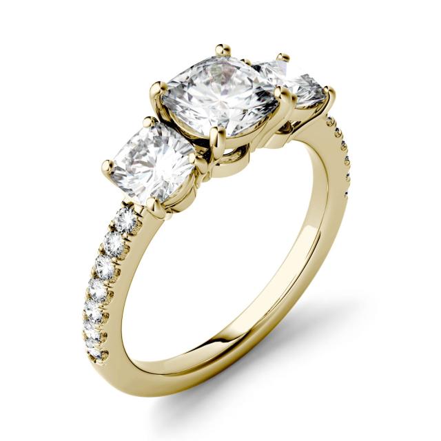 2.24 CTW DEW Cushion Forever One Moissanite Three Stone with Side Accents Ring in 14K Yellow Gold