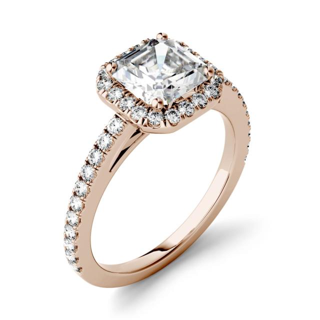 1.71 CTW DEW Asscher Forever One Moissanite Halo with Side Accents Engagement Ring in 14K Rose Gold