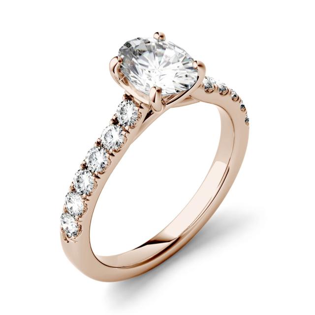 1.26 CTW DEW Oval Forever One Moissanite Solitaire with Side Accents Engagement Ring in 14K Rose Gold