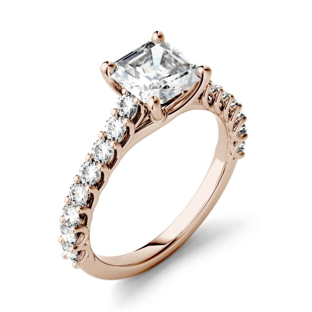 1.78 CTW DEW Asscher Forever One Moissanite Solitaire with Side Accents Engagement Ring in 14K Rose Gold