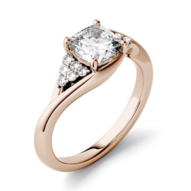 1.26 CTW DEW Cushion Forever One Moissanite Solitaire with Side Accents Engagement Ring in 14K Rose Gold