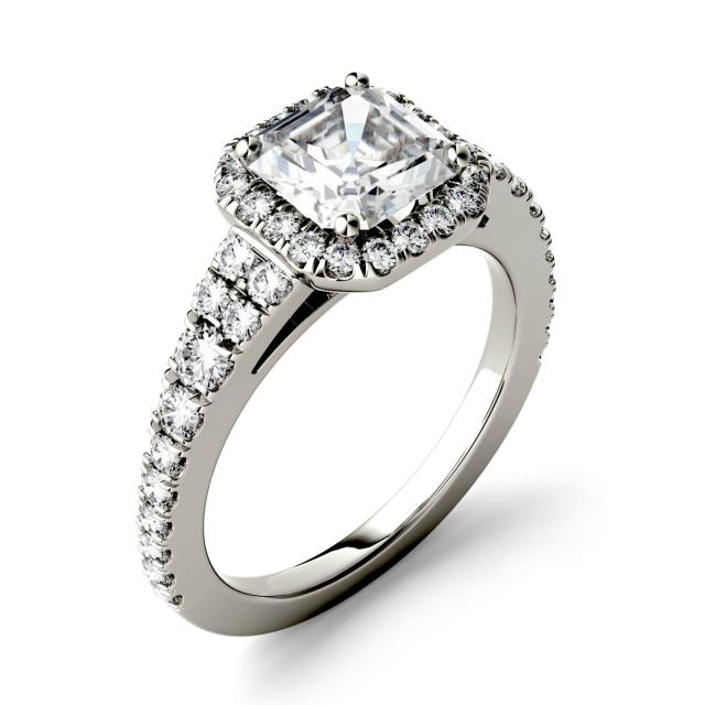 1.97 CTW DEW Asscher Forever One Moissanite Halo with Side Accents Engagement Ring in 14K White Gold