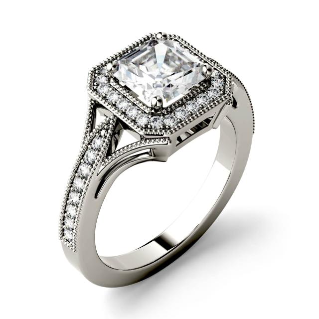 1.54 CTW DEW Asscher Forever One Moissanite Milgrain Halo with Side Accents Engagement Ring in 14K White Gold