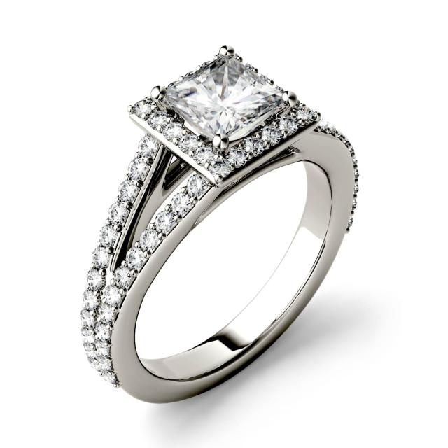 1.58 CTW DEW Square Forever One Moissanite Split Shank Halo with Side Accents Engagement Ring in 14K White Gold