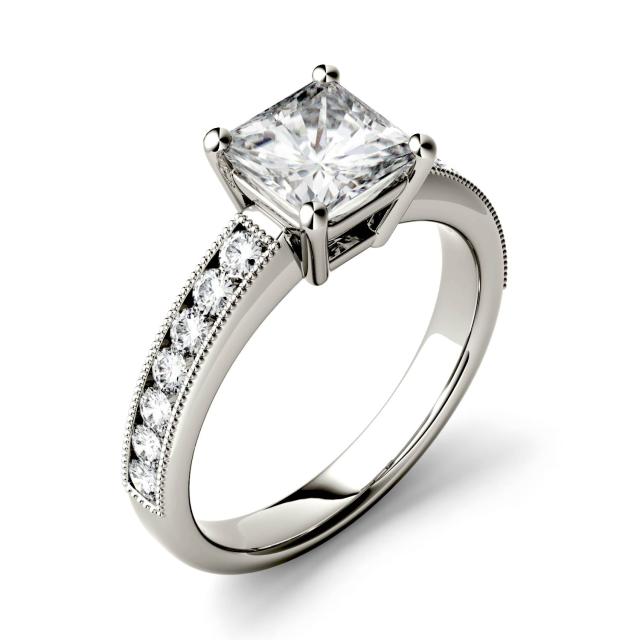 1.21 CTW DEW Square Forever One Moissanite Solitaire with Milgrain Side Accents Engagement Ring in 14K White Gold