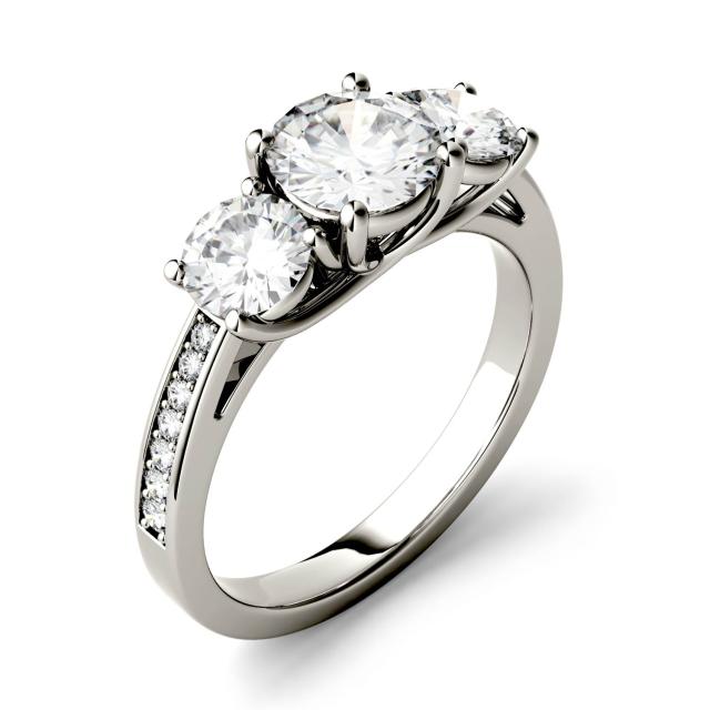 2.14 CTW DEW Round Forever One Moissanite Three Stone with Side Accents Ring in 14K White Gold