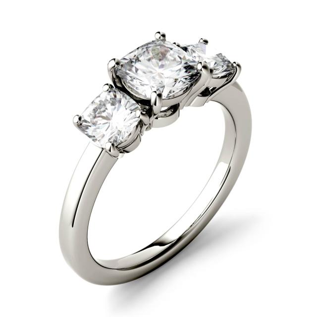 2.10 CTW DEW Cushion Forever One Moissanite Three Stone Ring in 14K White Gold