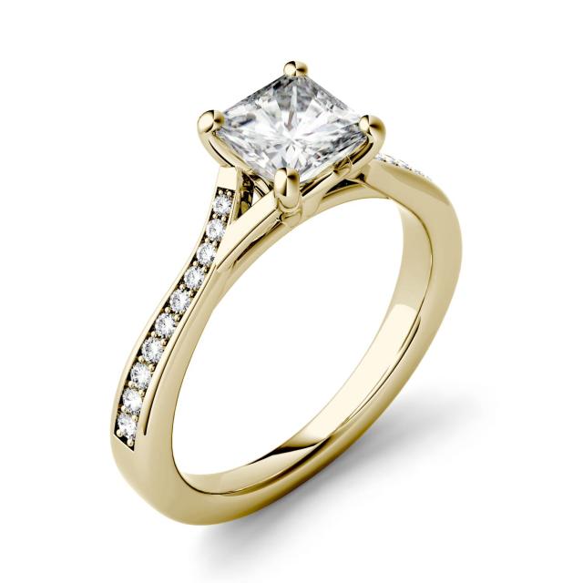 1.03 CTW DEW Square Forever One Moissanite Solitaire with Side Accents Engagement Ring in 14K Yellow Gold