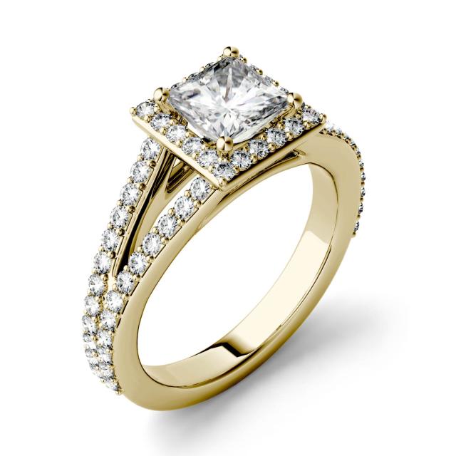 1.58 CTW DEW Square Forever One Moissanite Split Shank Halo with Side Accents Engagement Ring in 14K Yellow Gold