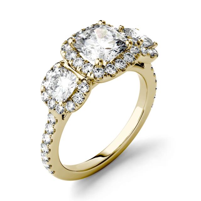 2.31 CTW DEW Cushion Forever One Moissanite Three Stone Halo Ring in 14K Yellow Gold