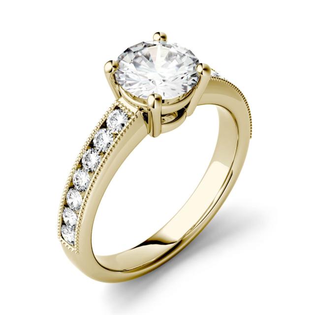 1.31 CTW DEW Round Forever One Moissanite Solitaire with Milgrain Side Accents Engagement Ring in 14K Yellow Gold
