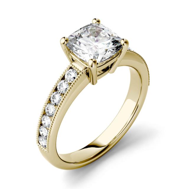 1.41 CTW DEW Cushion Forever One Moissanite Solitaire with Milgrain Side Accents Engagement Ring in 14K Yellow Gold