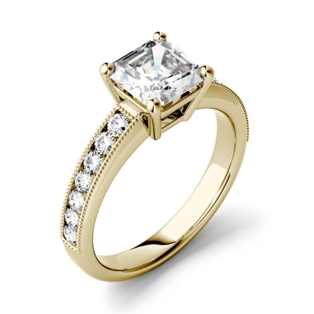 1.61 CTW DEW Asscher Forever One Moissanite Solitaire with Milgrain Side Accents Engagement Ring in 14K Yellow Gold