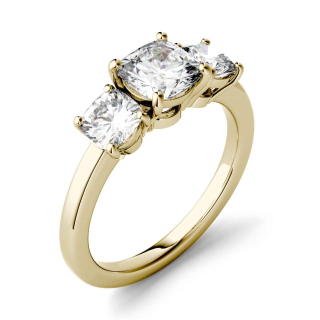 2.10 CTW DEW Cushion Forever One Moissanite Three Stone Ring in 14K Yellow Gold