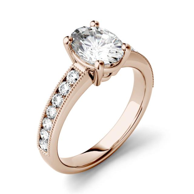 1.21 CTW DEW Oval Forever One Moissanite Solitaire with Milgrain Side Accents Engagement Ring in 14K Rose Gold