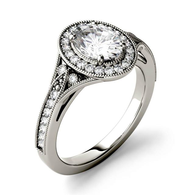 1.14 CTW DEW Oval Forever One Moissanite Milgrain Halo with Side Accents Engagement Ring in 14K White Gold