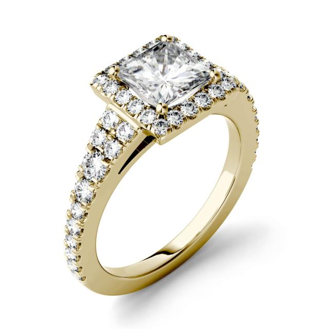 1.58 CTW DEW Square Forever One Moissanite Halo with Side Accents Ring in 14K Yellow Gold