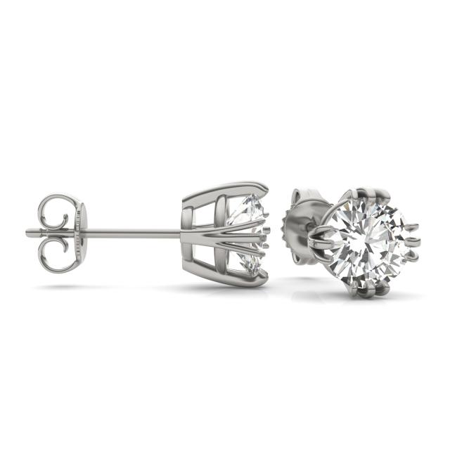 2.00 CTW DEW Round Forever One Moissanite Triple Prong Solitaire Stud Earrings in 14K White Gold