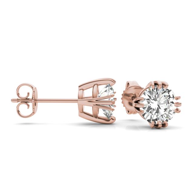 2.00 CTW DEW Round Forever One Moissanite Triple Prong Solitaire Stud Earrings in 14K Rose Gold