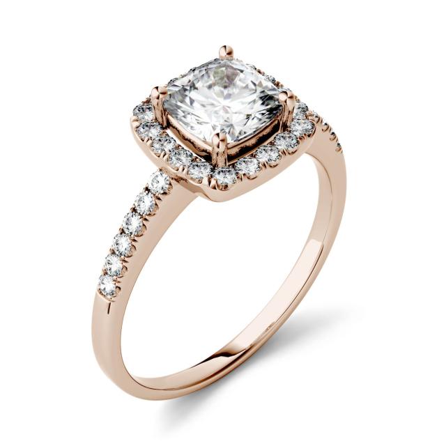 1.40 CTW DEW Cushion Forever One Moissanite Halo Engagement Ring in 14K Rose Gold