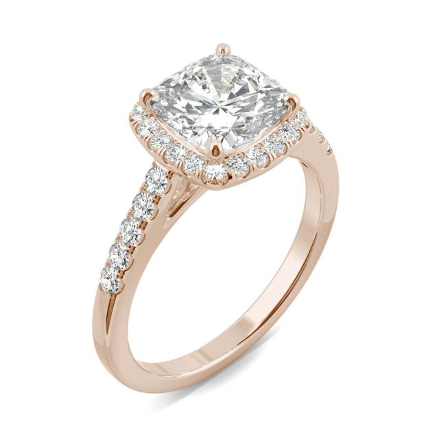 2.40 CTW DEW Cushion Forever One Moissanite Halo with Side Accents Engagement Ring in 14K Rose Gold