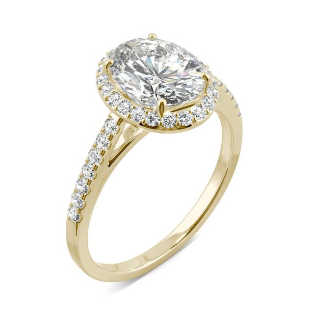 2.39 CTW DEW Oval Forever One Moissanite Halo with Side Accents Engagement Ring in 14K Yellow Gold