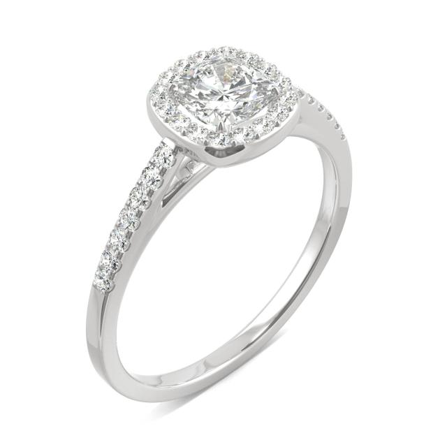 0.84 CTW DEW Cushion Forever One Moissanite Halo with Side Accents Engagement Ring in 14K White Gold
