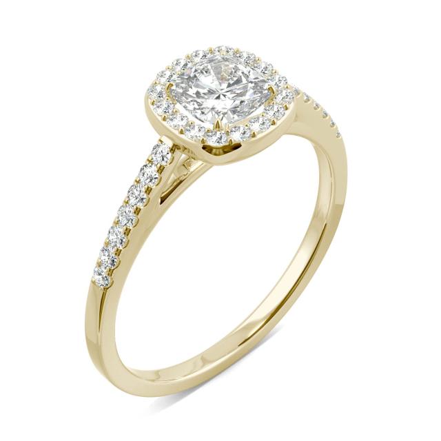 0.84 CTW DEW Cushion Forever One Moissanite Halo with Side Accents Engagement Ring in 14K Yellow Gold