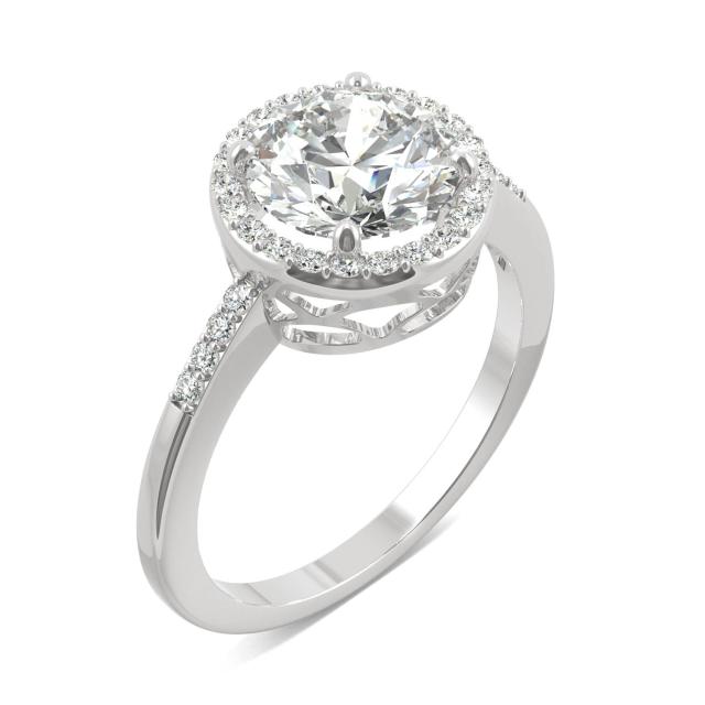 2.14 CTW DEW Round Forever One Moissanite Halo with Side Accents Engagement Ring in 14K White Gold