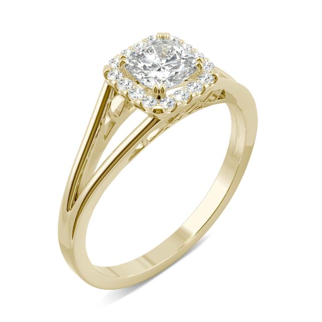 0.73 CTW DEW Cushion Forever One Moissanite Split Shank Halo Engagement Ring in 14K Yellow Gold