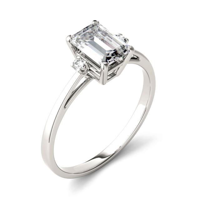 1.05 CTW DEW Emerald Forever One Moissanite Solitaire with Side Accents Engagement Ring in 14K White Gold