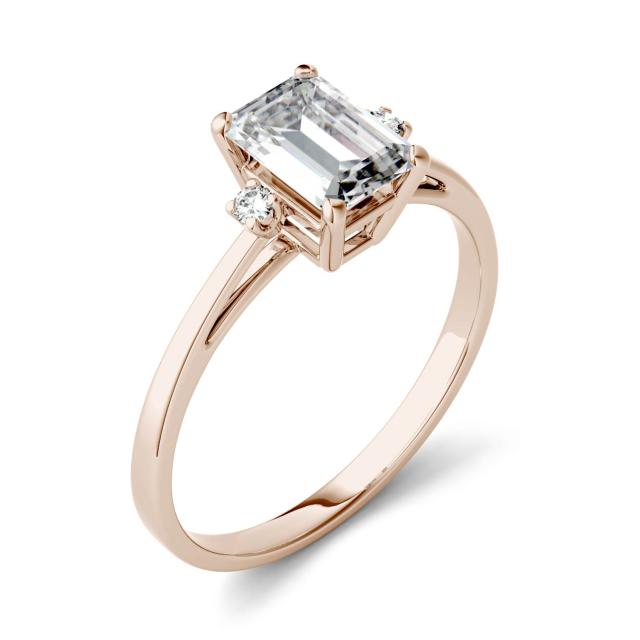 1.05 CTW DEW Emerald Forever One Moissanite Solitaire with Side Accents Engagement Ring in 14K Rose Gold