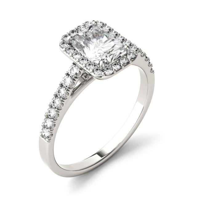 1.47 CTW DEW Radiant Forever One Moissanite Halo with Side Stones Engagement Ring in 14K White Gold
