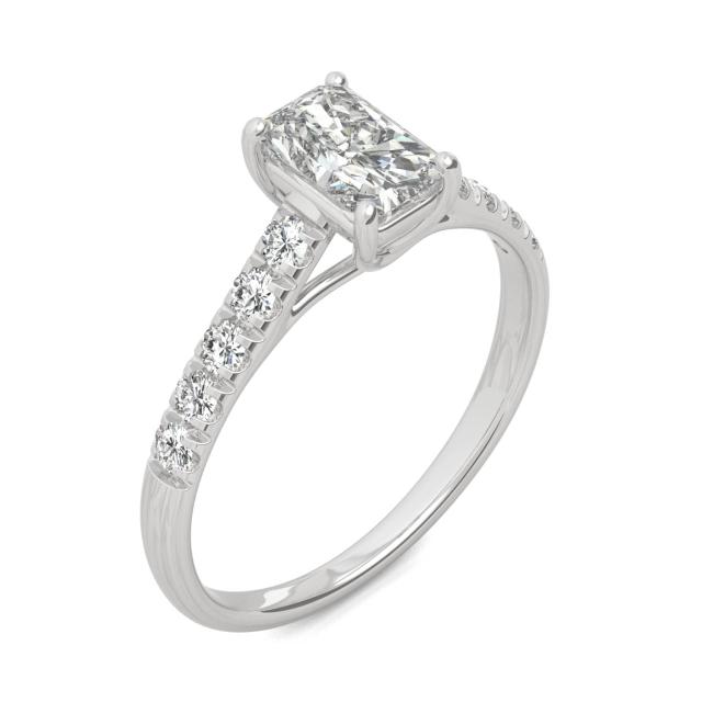 1.42 CTW DEW Radiant Forever One Moissanite Solitaire with Side Accents Engagement Ring in 14K White Gold