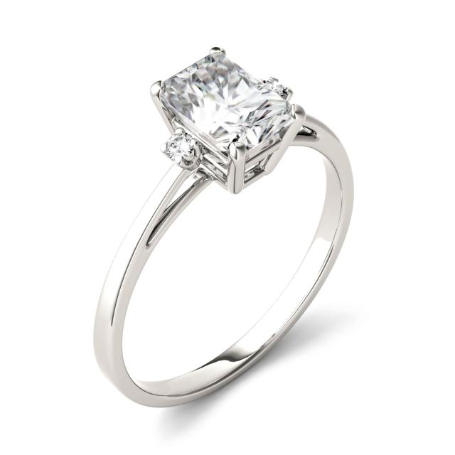 1.24 CTW DEW Radiant Forever One Moissanite Solitaire with Side Accents Engagement Ring in 14K White Gold