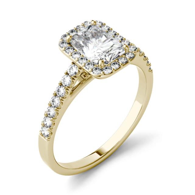 1.47 CTW DEW Radiant Forever One Moissanite Halo with Side Stones Engagement Ring in 14K Yellow Gold