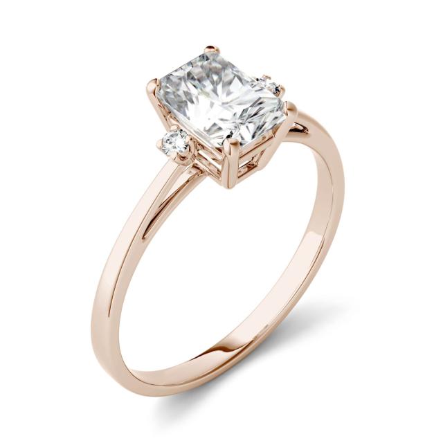 1.24 CTW DEW Radiant Forever One Moissanite Solitaire with Side Accents Engagement Ring in 14K Rose Gold