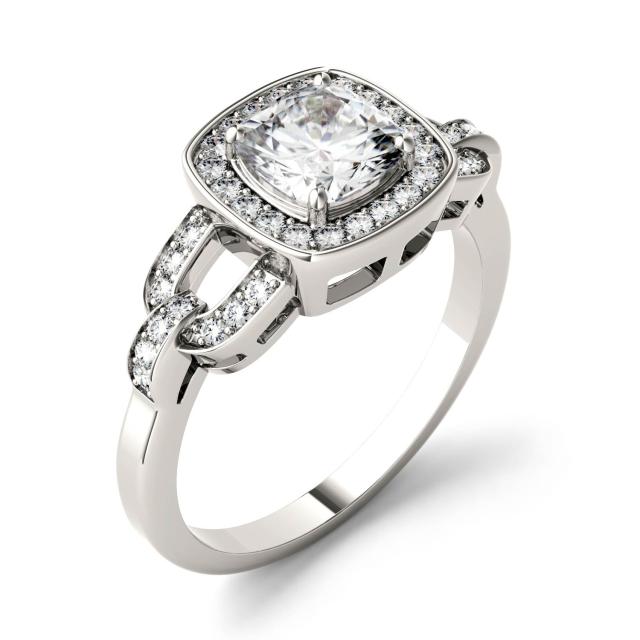 1.37 CTW DEW Cushion Forever One Moissanite Bezel Halo Fashion Ring in 14K White Gold