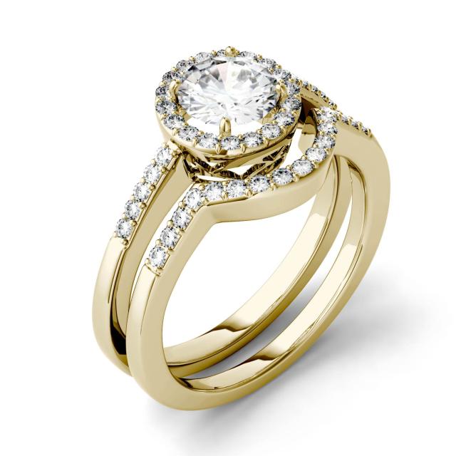 1.15 CTW DEW Round Forever One Moissanite Halo with Side Stone Bridal Set Ring in 14K Yellow Gold