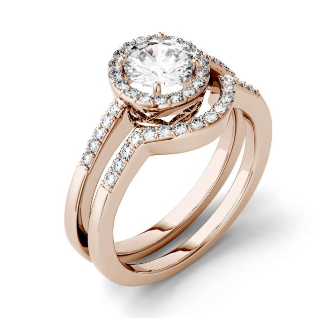 1.15 CTW DEW Round Forever One Moissanite Halo with Side Stone Bridal Set Ring in 14K Rose Gold